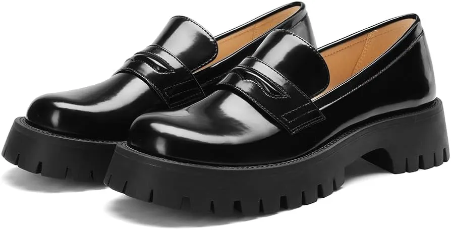 Women‘s Chunky Penny Loafers, Platform Lug Sole Slip On Business Casual Shoes, Patent Leather Comfortable Work Dressy Ladies Loafers