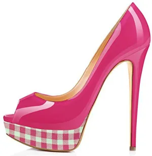 Women's Color Plaid Platform Pumps Stiletto Heels Open Toe Classic Fashion Dress Sandals Wedding Bride Party Shoes Large Size 34-45