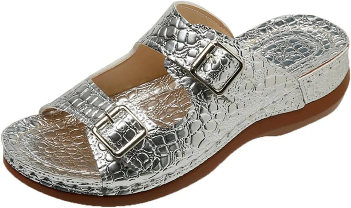 Women's Crocodile Embossed Flat Snap On Open Toe Casual Sandals