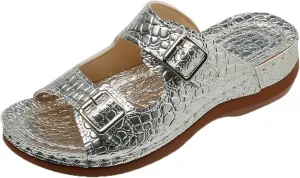 Women's Crocodile Embossed Flat Snap On Open Toe Casual Sandals