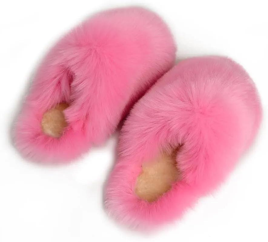 Womens Fluffy Faux Fur Slides Furry Soft Plush House Slippers Shoes Indoor Outdoor Slip On Slipper