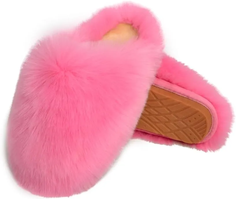 Womens Fluffy Faux Fur Slides Furry Soft Plush House Slippers Shoes Indoor Outdoor Slip On Slipper