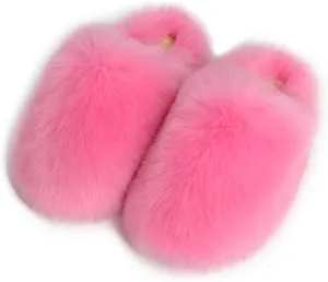 Womens Fluffy Faux Fur Slides Furry Soft Plush House Slippers Shoes Indoor Outdoor Slip On Slipper