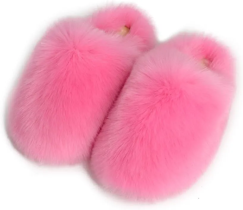Womens Fluffy Faux Fur Slides Furry Soft Plush House Slippers Shoes Indoor Outdoor Slip On Slipper