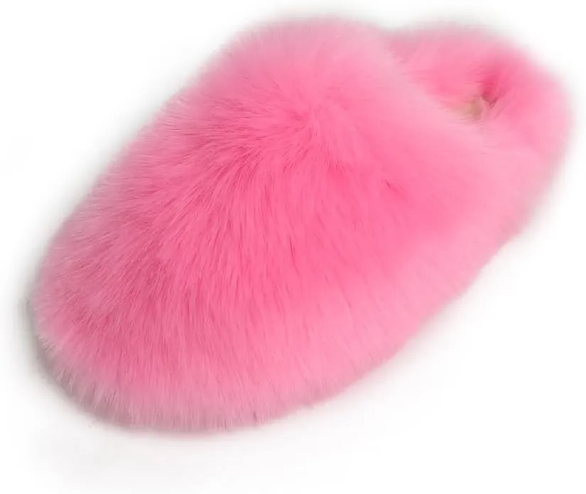 Womens Fluffy Faux Fur Slides Furry Soft Plush House Slippers Shoes Indoor Outdoor Slip On Slipper