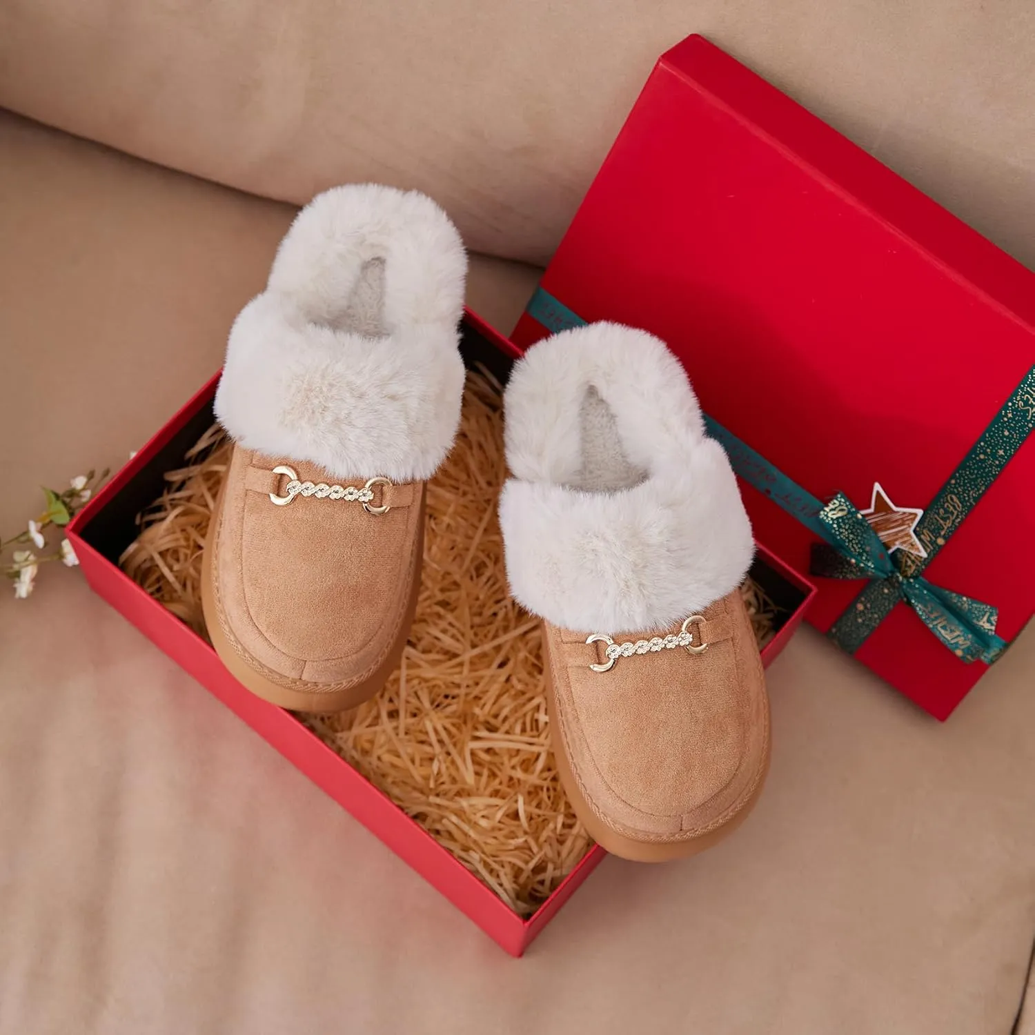 Womens Fuzzy Memory Foam Slippers for Women Winter House Slippers Warm Comfy Shoes Indoor Outdoor Suede Platform with Anti-Skid Sole Gift for Women Mom Ladies