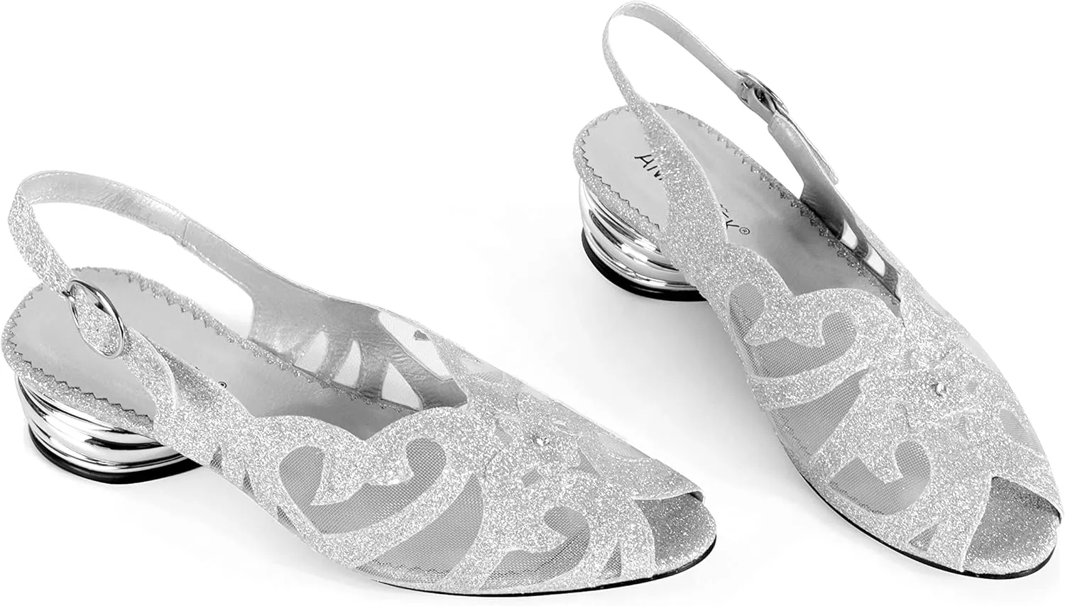 Women's Glittering Peep Toe Slingback Sandal - Mesh Upper, Chunky Low Heels, Open Toe, Back Slingback