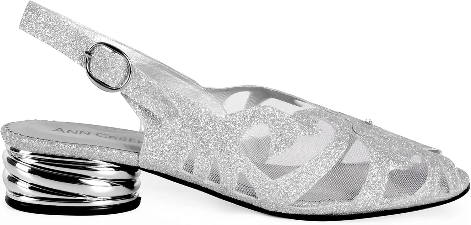 Women's Glittering Peep Toe Slingback Sandal - Mesh Upper, Chunky Low Heels, Open Toe, Back Slingback