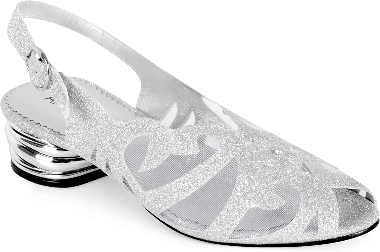 Women's Glittering Peep Toe Slingback Sandal - Mesh Upper, Chunky Low Heels, Open Toe, Back Slingback