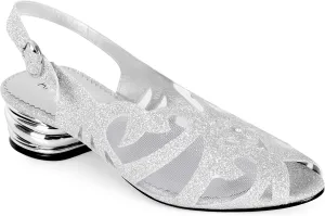 Women's Glittering Peep Toe Slingback Sandal - Mesh Upper, Chunky Low Heels, Open Toe, Back Slingback