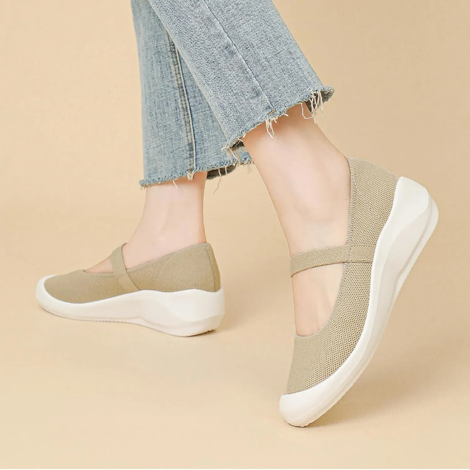 Women'S Knitted Platform Orthopedic Walking Mary Janes with Elastic Band Comfortable Breathable Lightweight Wedge Arch Support Sneakers Casual Soft Sole Nurse Mom Work Shoes