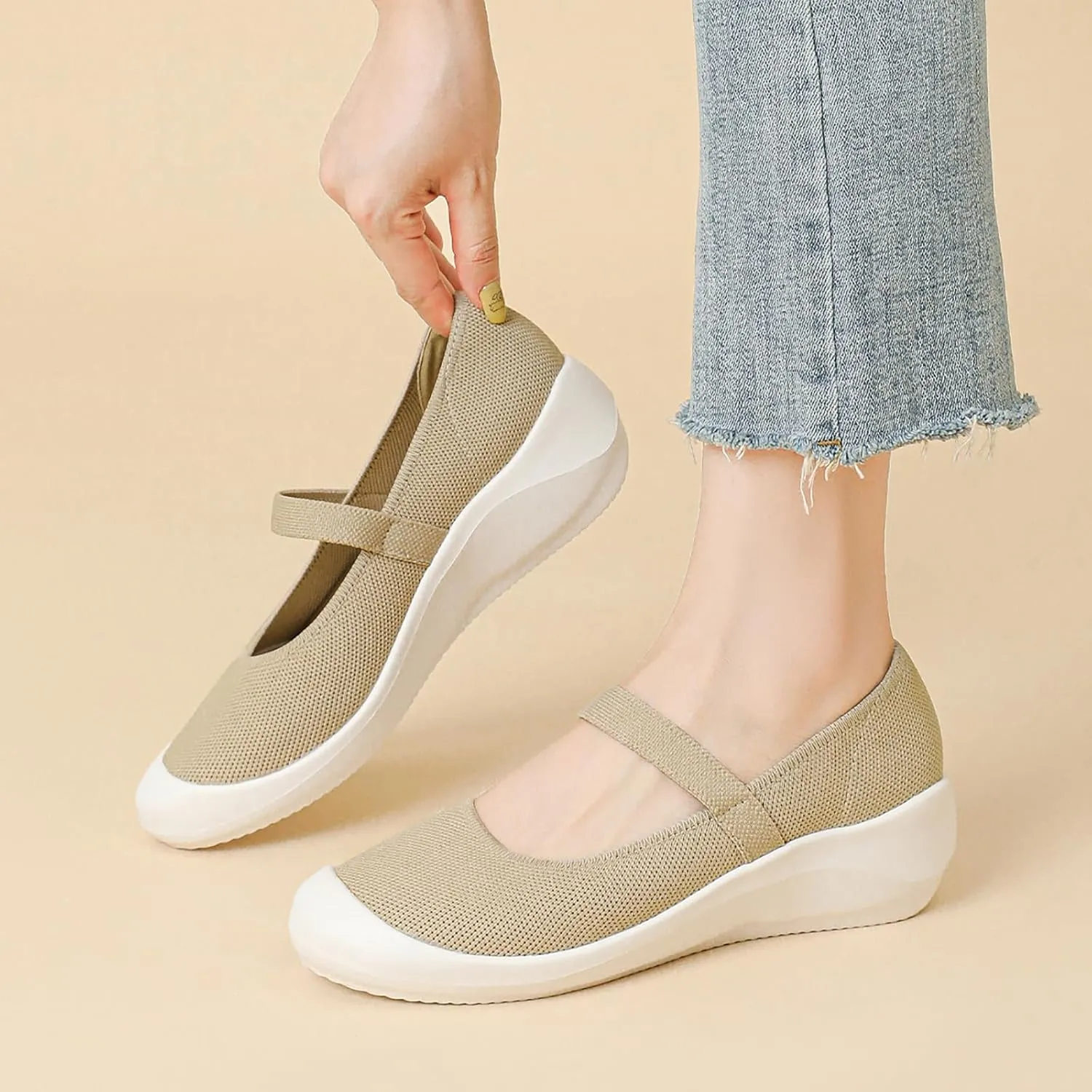 Women'S Knitted Platform Orthopedic Walking Mary Janes with Elastic Band Comfortable Breathable Lightweight Wedge Arch Support Sneakers Casual Soft Sole Nurse Mom Work Shoes