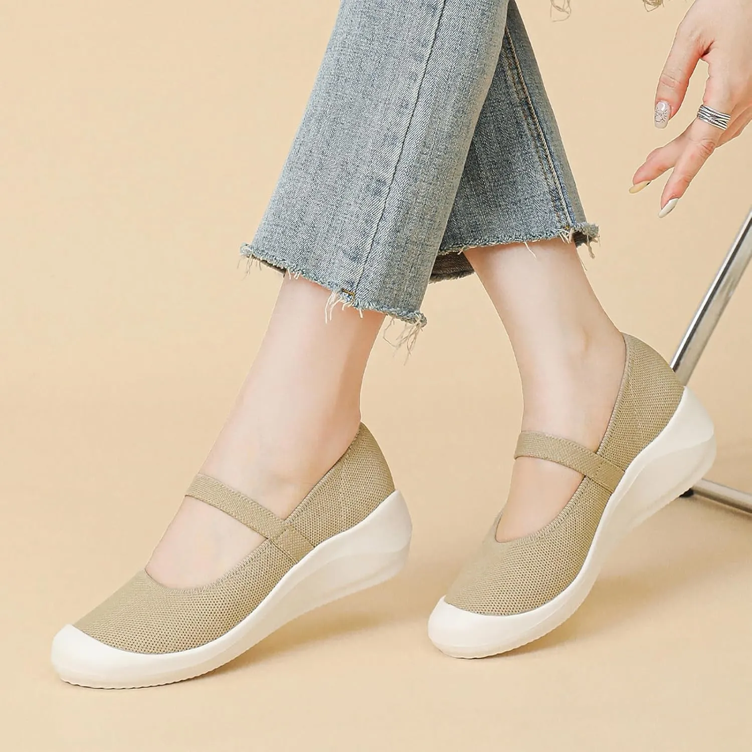 Women'S Knitted Platform Orthopedic Walking Mary Janes with Elastic Band Comfortable Breathable Lightweight Wedge Arch Support Sneakers Casual Soft Sole Nurse Mom Work Shoes