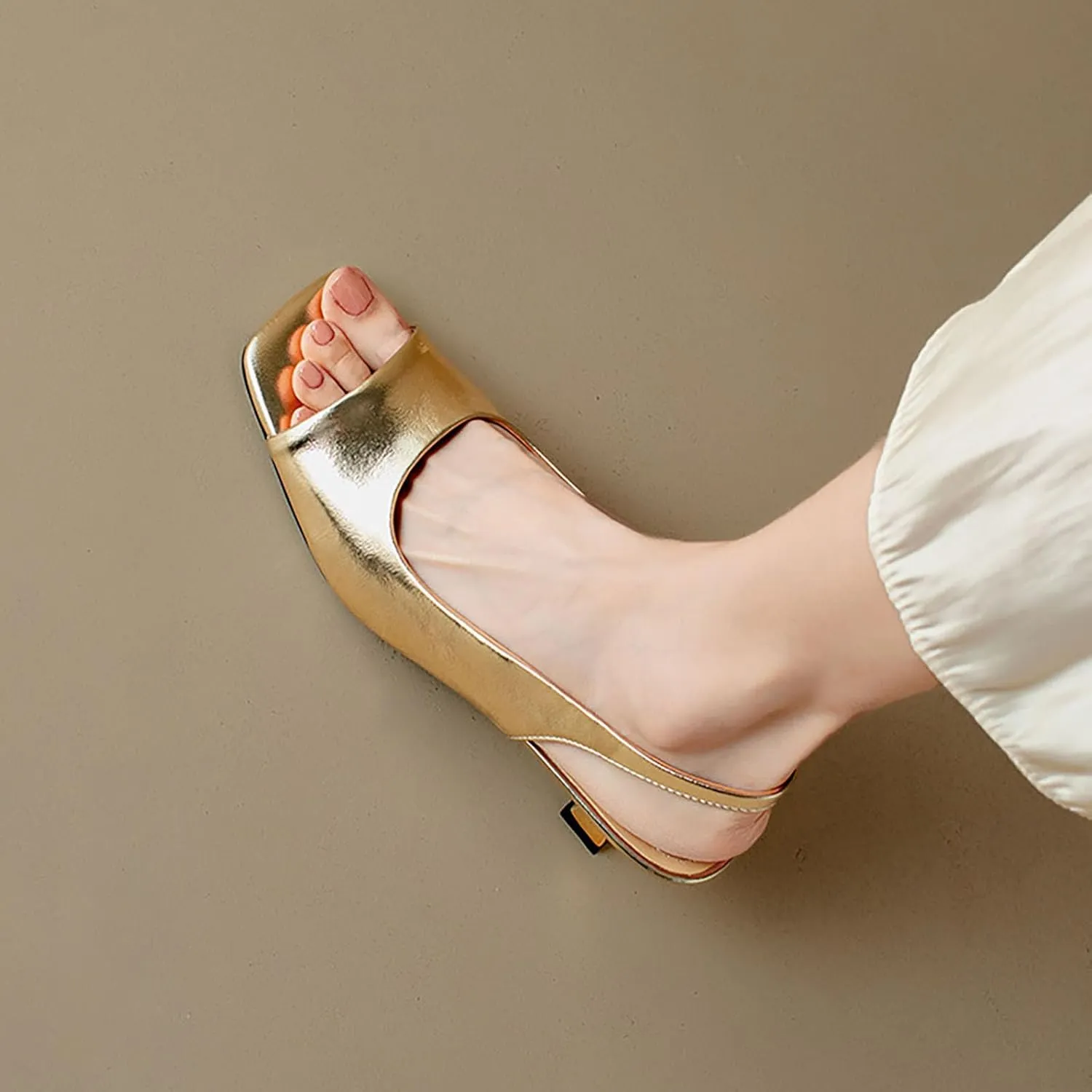 Women's Leather Open Toe Kitten Heels Slingback Sandals Comfortable Square Toe Slip On Elastic Strap Low Heels Wedding Formal Party Dress Pumps
