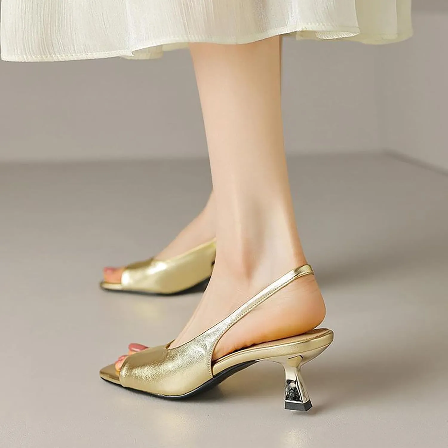 Women's Leather Open Toe Kitten Heels Slingback Sandals Comfortable Square Toe Slip On Elastic Strap Low Heels Wedding Formal Party Dress Pumps