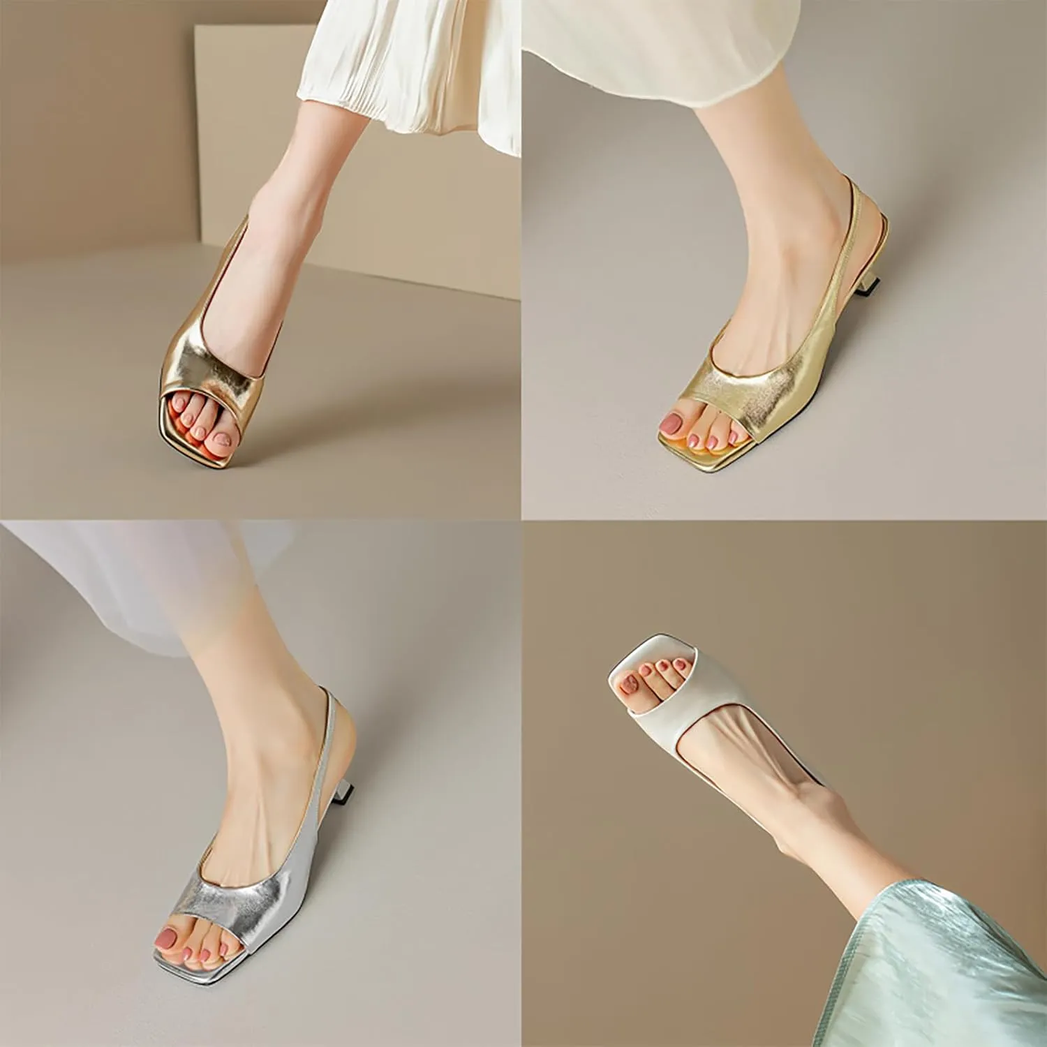 Women's Leather Open Toe Kitten Heels Slingback Sandals Comfortable Square Toe Slip On Elastic Strap Low Heels Wedding Formal Party Dress Pumps