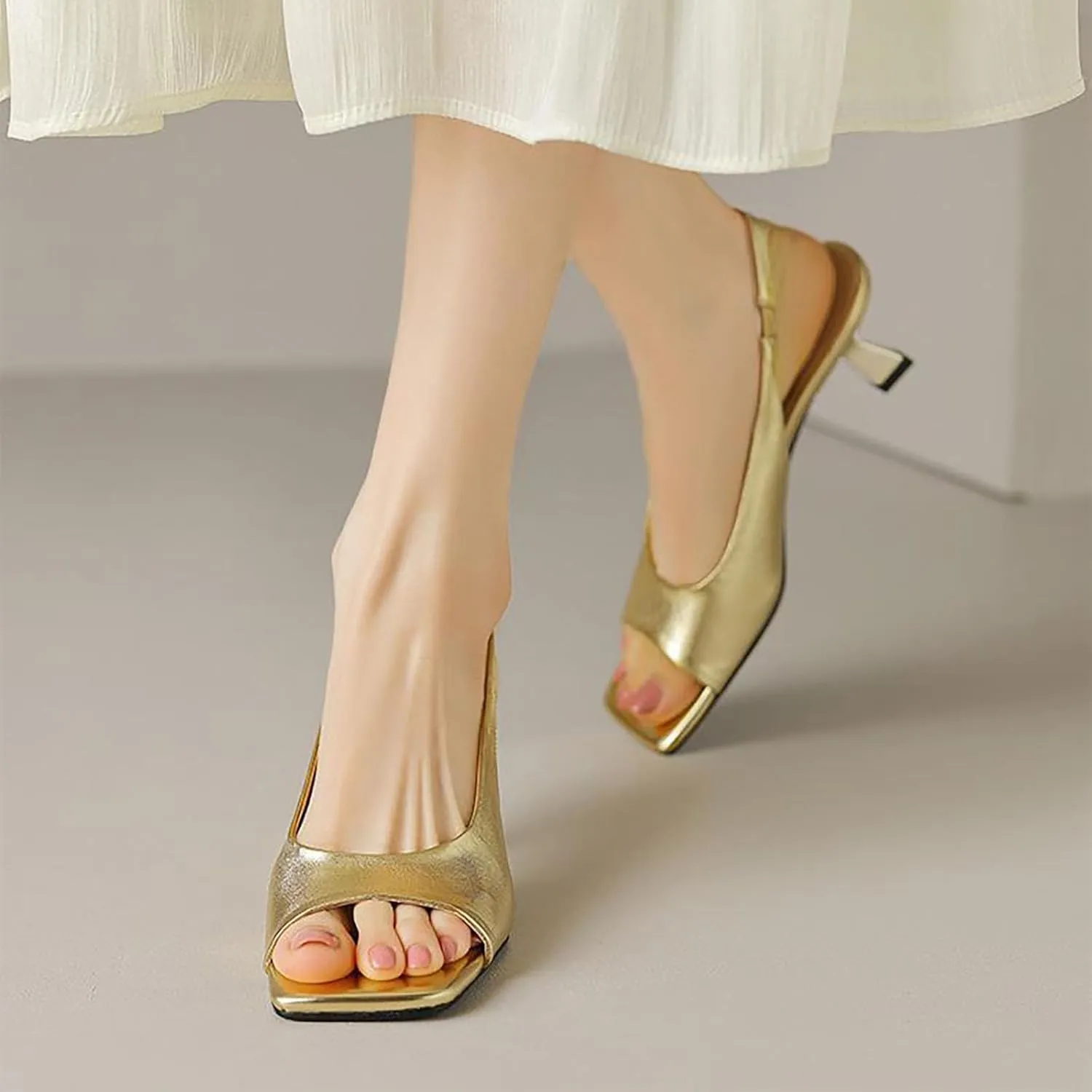 Women's Leather Open Toe Kitten Heels Slingback Sandals Comfortable Square Toe Slip On Elastic Strap Low Heels Wedding Formal Party Dress Pumps