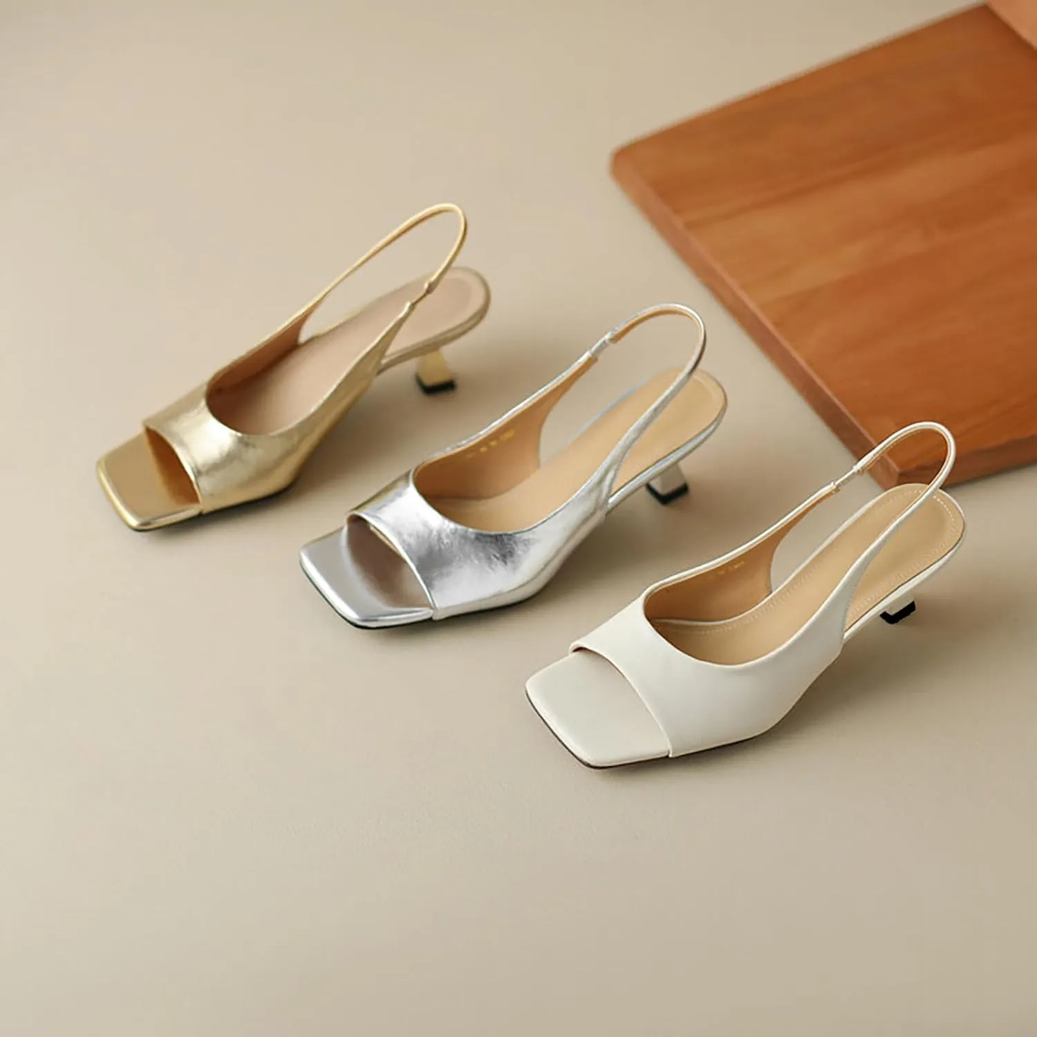 Women's Leather Open Toe Kitten Heels Slingback Sandals Comfortable Square Toe Slip On Elastic Strap Low Heels Wedding Formal Party Dress Pumps