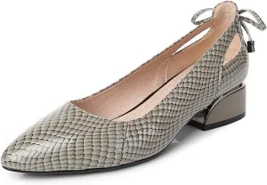 Women's Leather Printed Blocks Chunky Low Heel Pumps Elegant Closed Pointed Soft Sole Non-Slip Slip-On Low Heel Work Formal Shoes Business Wedding Pumps Bow Decoration