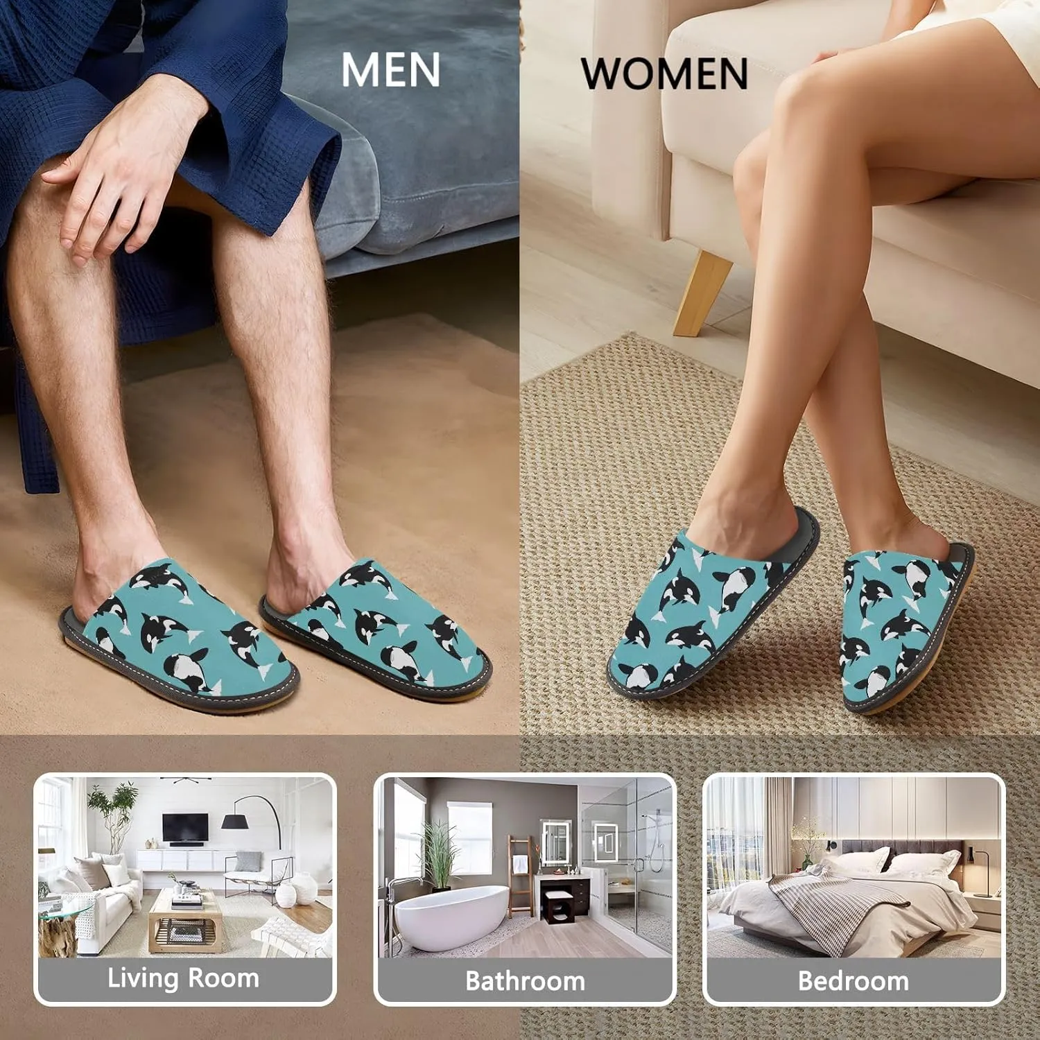 Women's Mens Cosy Slippers, Killer Whale Casual Unisex Slip-On Breathable Memory Foam Scuff Lazy Daily House Shoes for Indoor/Outdoor Size 4-11