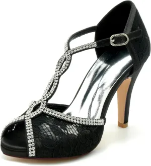 Women's Mesh Open Toe Heel Shoes Lace Bridal Wedding Shoes Crisscross T-Strap Evening Party Dress Shoes