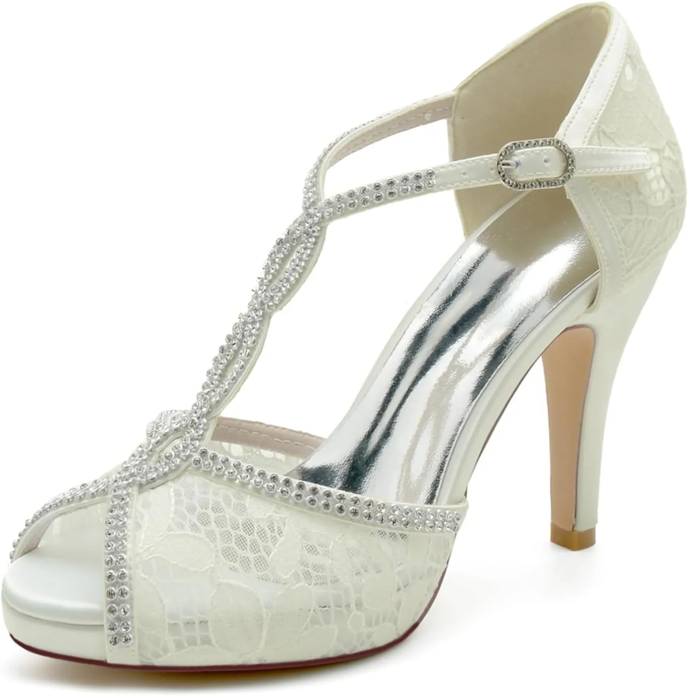Women's Mesh Open Toe Heel Shoes Lace Bridal Wedding Shoes Crisscross T-Strap Evening Party Dress Shoes