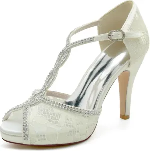 Women's Mesh Open Toe Heel Shoes Lace Bridal Wedding Shoes Crisscross T-Strap Evening Party Dress Shoes