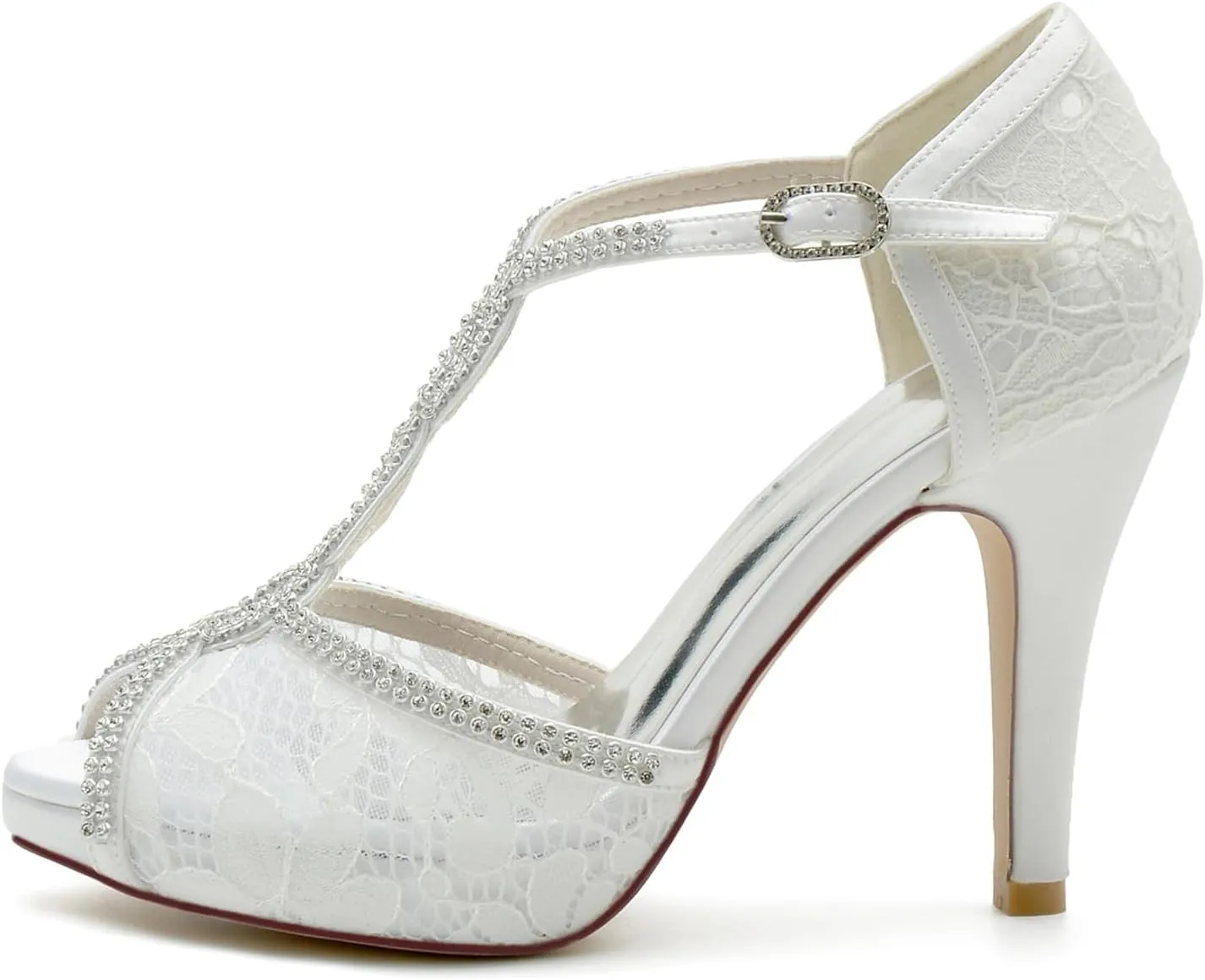Women's Mesh Open Toe Heel Shoes Lace Bridal Wedding Shoes Crisscross T-Strap Evening Party Dress Shoes