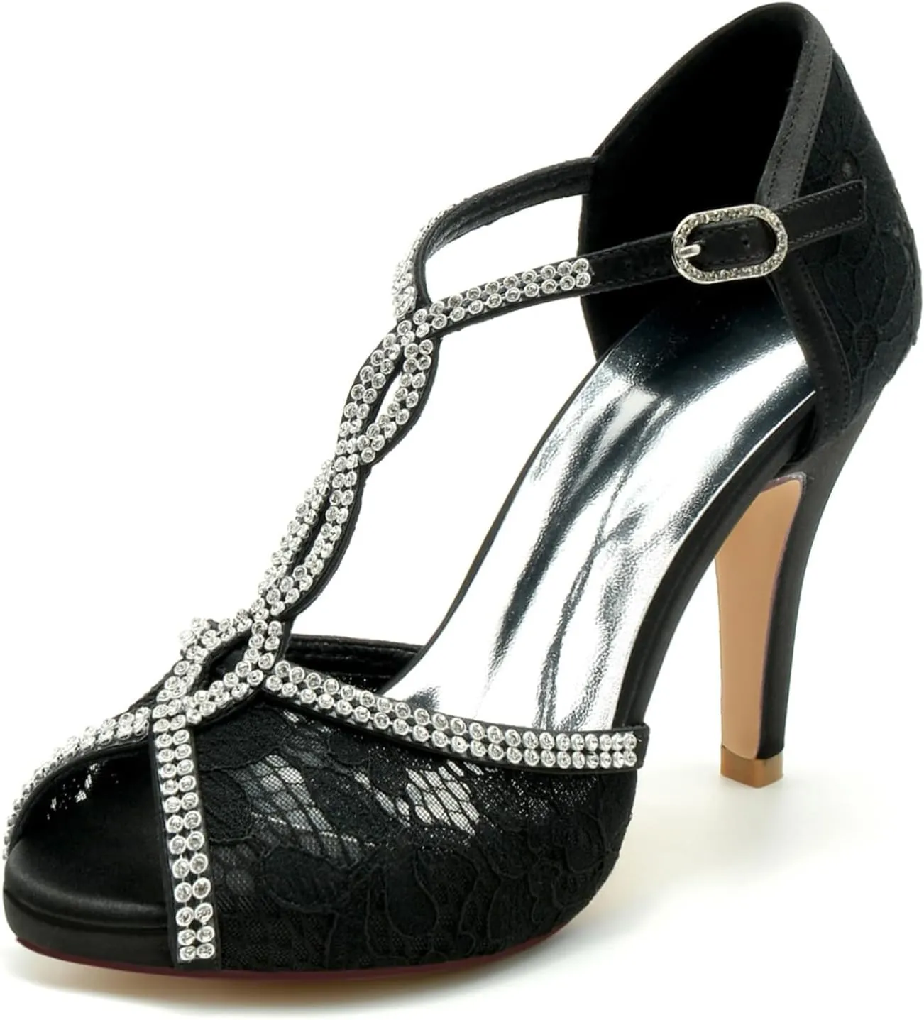 Women's Mesh Open Toe Heel Shoes Lace Bridal Wedding Shoes Crisscross T-Strap Evening Party Dress Shoes