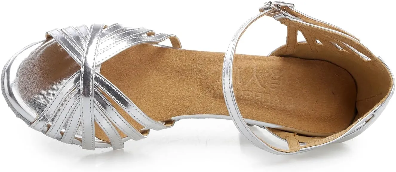 Women's Open Toe Latin Ballroom Dance Shoes Rumba Party Wedding Tango Dance Sandals QRX008 Silver US 4