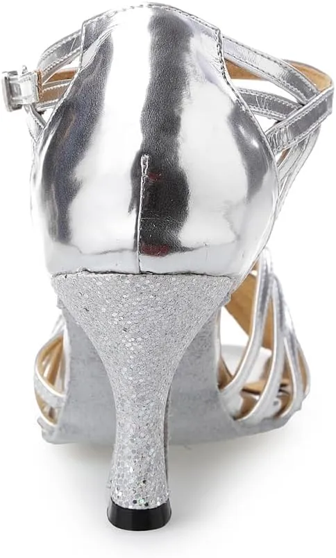 Women's Open Toe Latin Ballroom Dance Shoes Rumba Party Wedding Tango Dance Sandals QRX008 Silver US 4