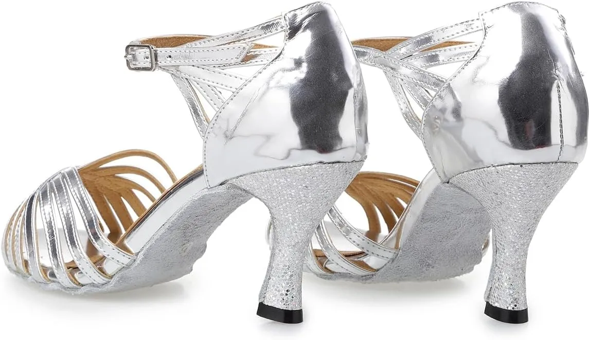 Women's Open Toe Latin Ballroom Dance Shoes Rumba Party Wedding Tango Dance Sandals QRX008 Silver US 4