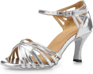 Women's Open Toe Latin Ballroom Dance Shoes Rumba Party Wedding Tango Dance Sandals QRX008 Silver US 4