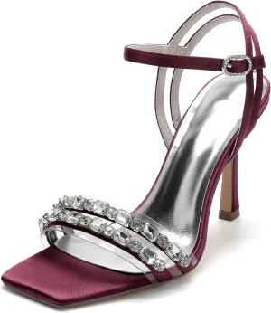 Women's Open Toe Satin Wedding Shoes Slingback Party Pumps Ankle Strap Bridal Rhinestone Shoes Stiletto Heels Sandals