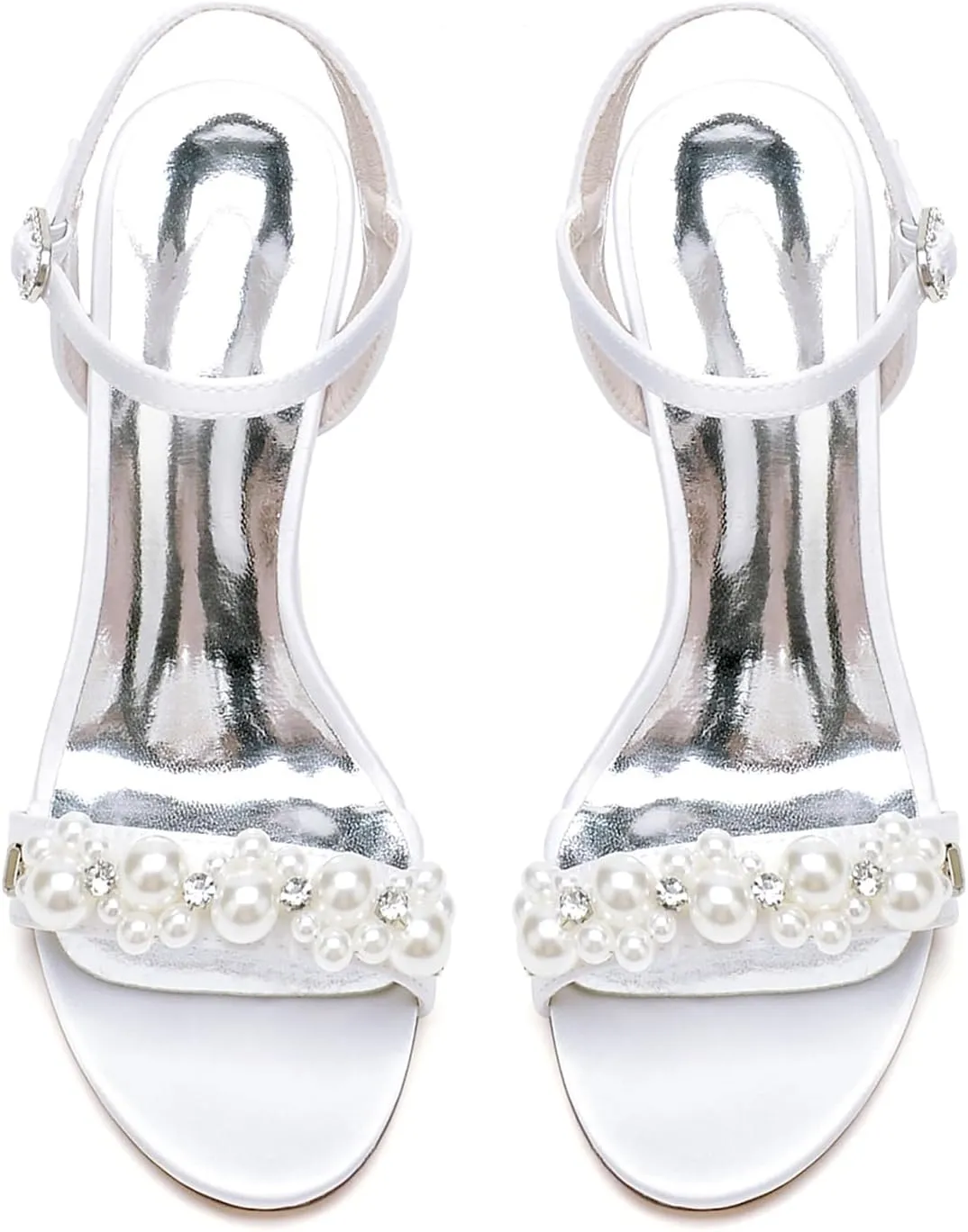Women's Pearl Ankle Strap Dress Heeled Sandals 3.7 Inches Open Toe Stiletto High Heel Party Wedding Bridal Pumps
