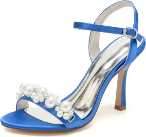 Women's Pearl Ankle Strap Dress Heeled Sandals 3.7 Inches Open Toe Stiletto High Heel Party Wedding Bridal Pumps
