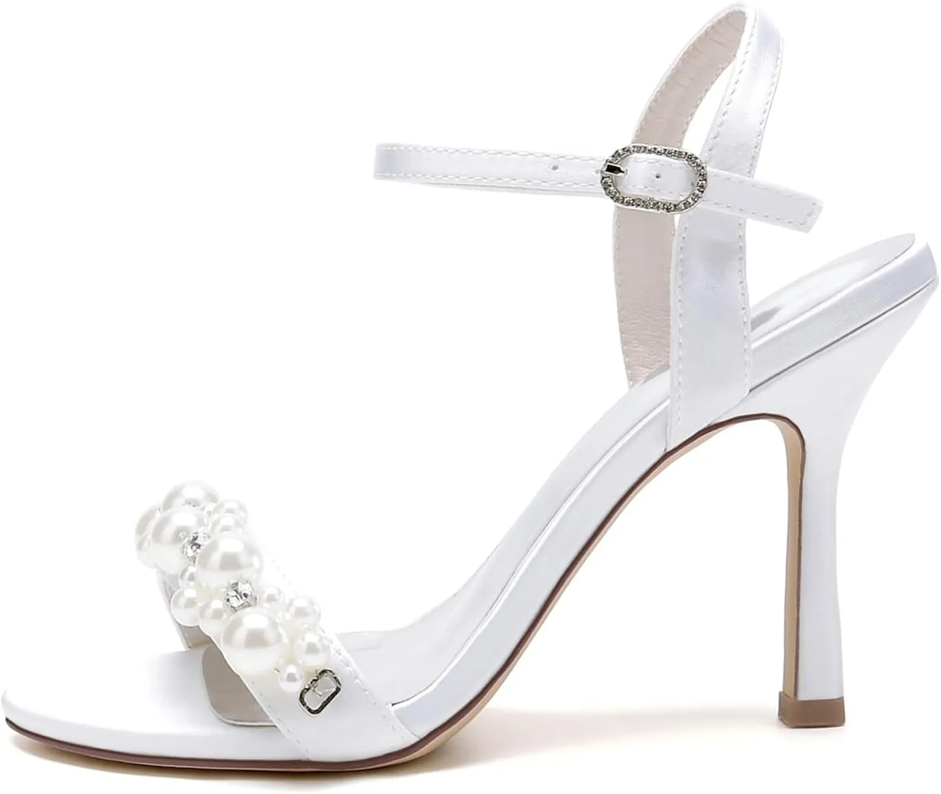 Women's Pearl Ankle Strap Dress Heeled Sandals 3.7 Inches Open Toe Stiletto High Heel Party Wedding Bridal Pumps