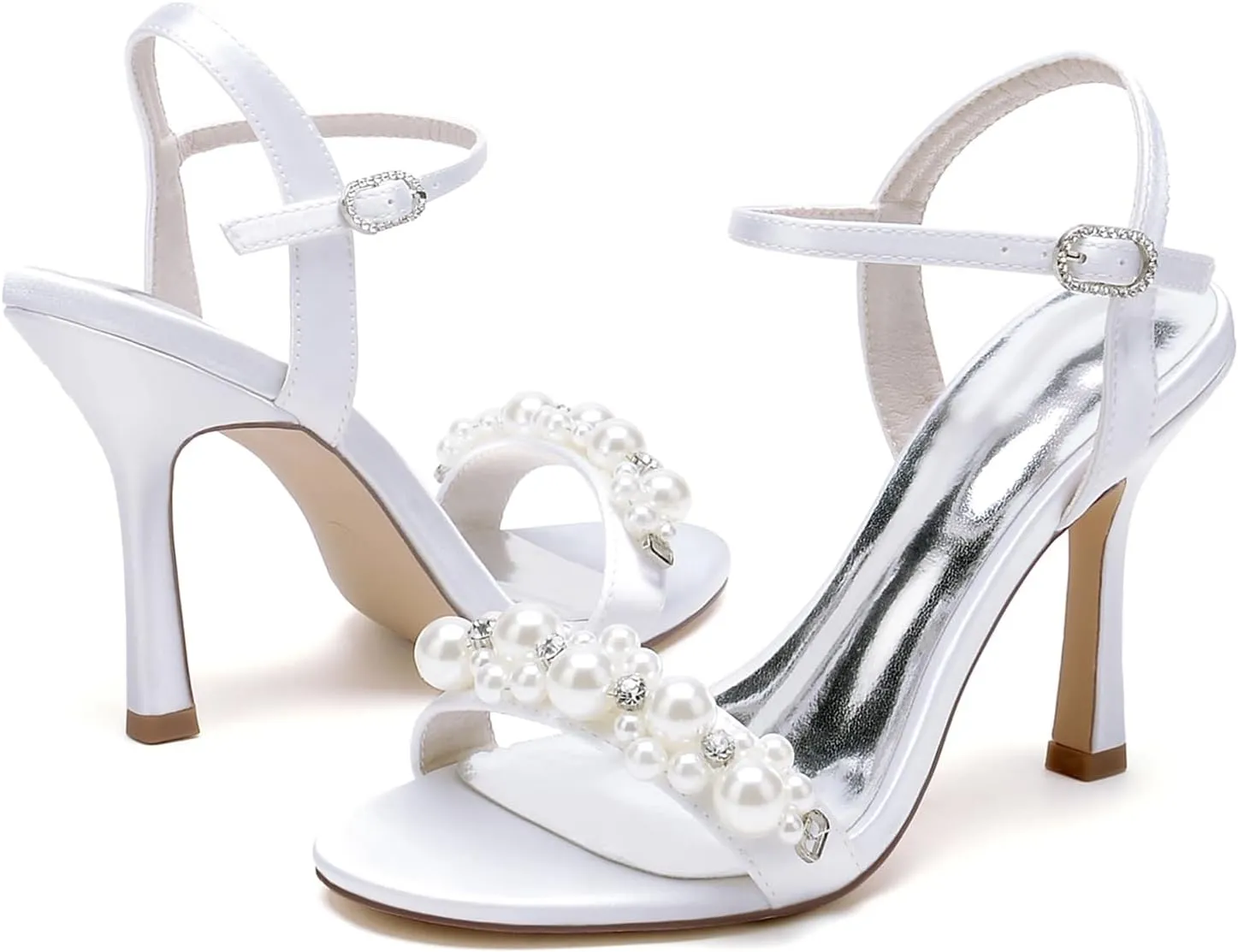 Women's Pearl Ankle Strap Dress Heeled Sandals 3.7 Inches Open Toe Stiletto High Heel Party Wedding Bridal Pumps