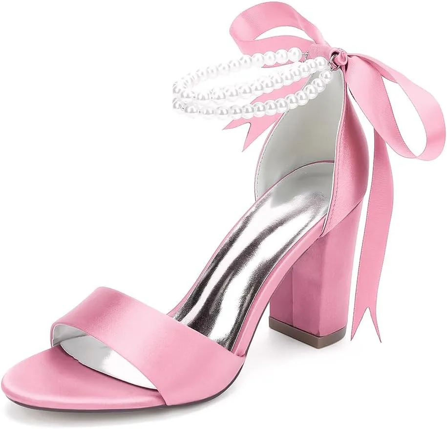 Women's Pearl Block Heel Wedding Shoes for Bride Open Toe Satin Chunky Heeled Bridal Sandals for Women