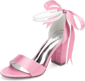 Women's Pearl Block Heel Wedding Shoes for Bride Open Toe Satin Chunky Heeled Bridal Sandals for Women