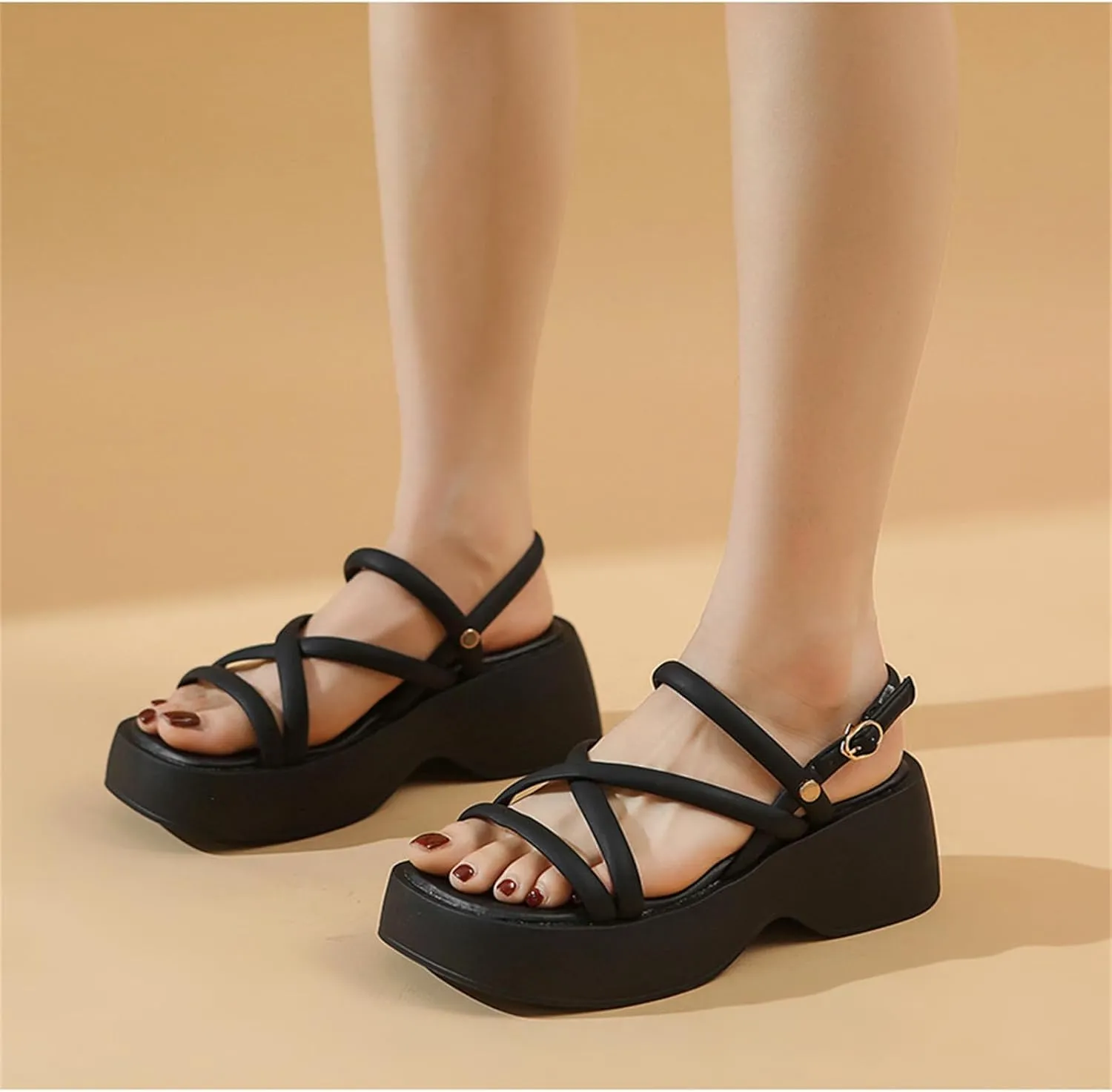 Women's Platform Chunky Heels Sandals with Adjustable Ankle Strap Wide Open Toe Roman Sandals for Wedding Work Party Dress