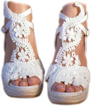 Women's Platform Sandals Wedge Open Toe Ankle Strap lace Wedding Shoes Bridesmaid Shoes