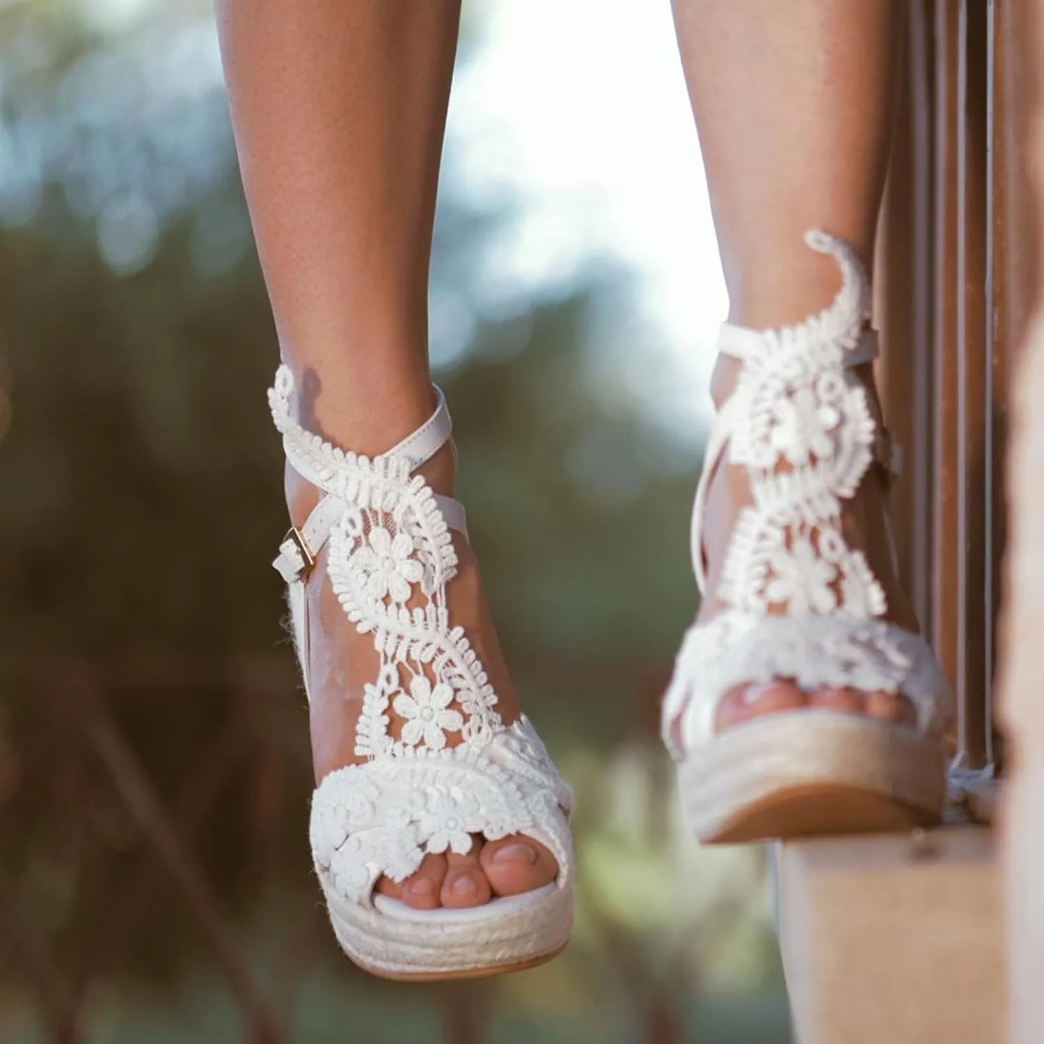 Women's Platform Sandals Wedge Open Toe Ankle Strap lace Wedding Shoes Bridesmaid Shoes