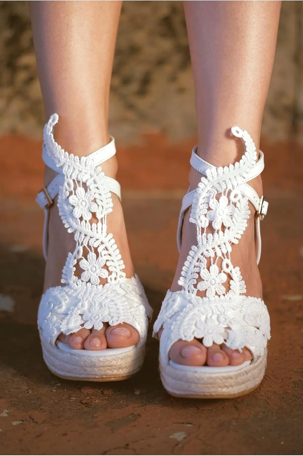 Women's Platform Sandals Wedge Open Toe Ankle Strap lace Wedding Shoes Bridesmaid Shoes