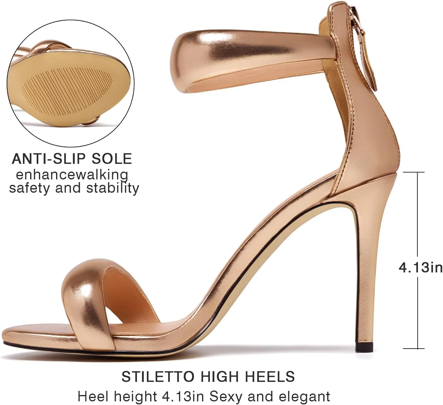 Women's Pump Open Toe Heel Sandals Back Zipper Round Ankle Strappy Stiletto Heels Sparkle Glitter Metallic Party Sexy Wedding Dressy Shoes