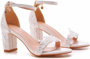 Womens Pumps Ankle Strap High Heels Pointed Toe/Open Toe Stiletto Chunky Block Heel Heeled Sandals with Pearls/Rhinestones Bridal Wedding Dress Shoes for Bride,2.95inches/7.5cm