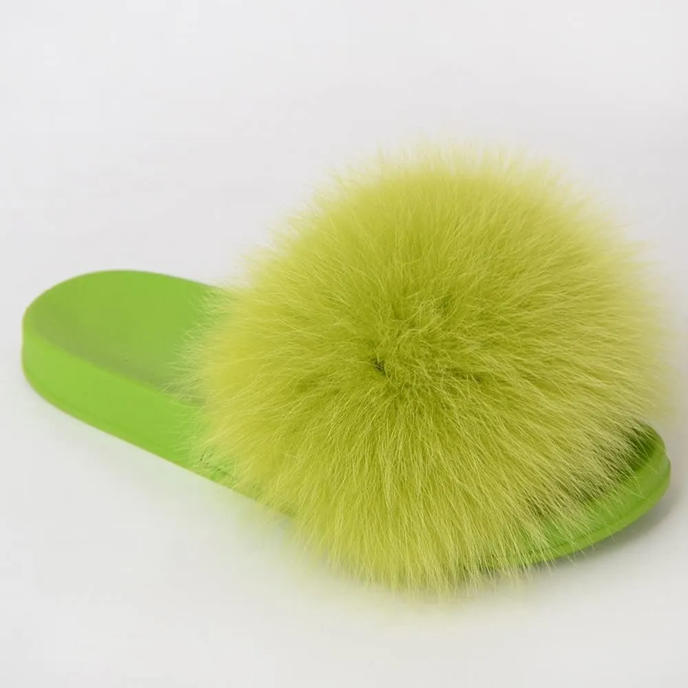 Women's Real Fox Fur Slides For Women Open Toe Cute Fur Slippers Flat Shoes Indoor or Outdoor Girls Comfort Fur Slide Sandals With Fluffy Fur