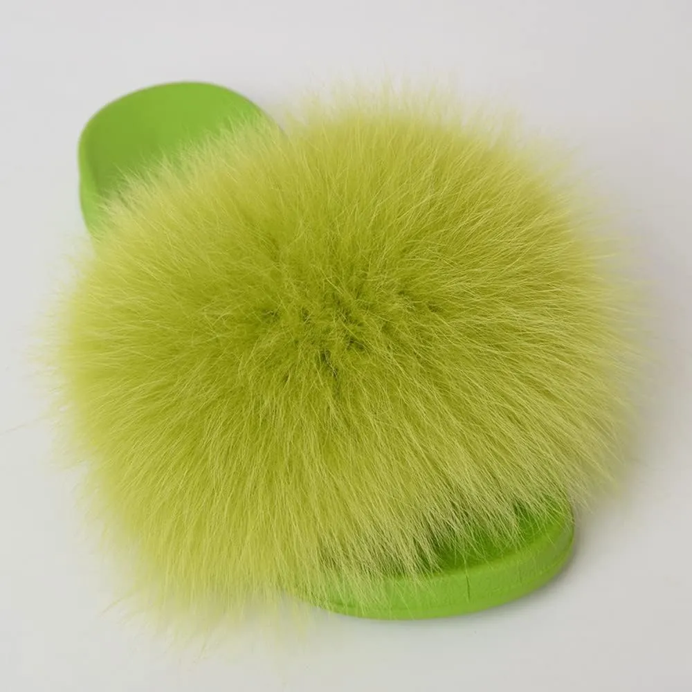Women's Real Fox Fur Slides For Women Open Toe Cute Fur Slippers Flat Shoes Indoor or Outdoor Girls Comfort Fur Slide Sandals With Fluffy Fur