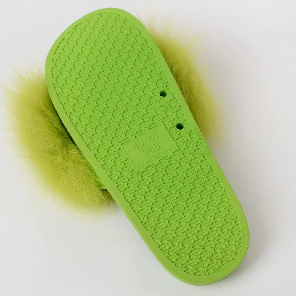 Women's Real Fox Fur Slides For Women Open Toe Cute Fur Slippers Flat Shoes Indoor or Outdoor Girls Comfort Fur Slide Sandals With Fluffy Fur