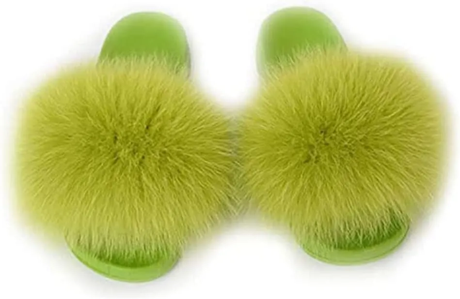 Women's Real Fox Fur Slides For Women Open Toe Cute Fur Slippers Flat Shoes Indoor or Outdoor Girls Comfort Fur Slide Sandals With Fluffy Fur